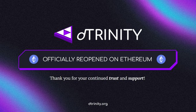 The image features a banner with a purple background, displaying the text "dTRINITY a Fraxtal-native project is reopening on Ethereum!". The banner also includes two blue circles that say "Officiallly" and "Thank you for your continued trust and support!" in white letters.