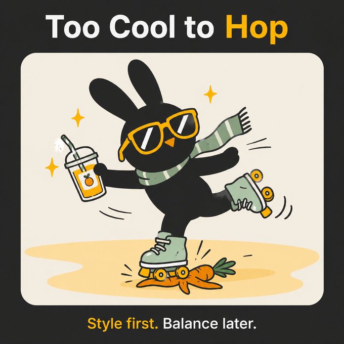 The image features a cartoon rabbit wearing sunglasses and holding a drink while riding roller skates, with carrots nearby. The caption of the image reads "Too Cool to Hop", which suggests that the rabbit is too cool for the activity he's engaged in (roller skating). This humorous statement connects well with the overall theme of the post, as it uses humor to convey an important message about balance and moderation.