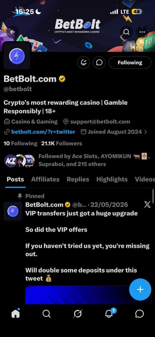 The image shows the Twitter/X profile page of BetBolt.com (@betbolt), a crypto casino account with 21.1K followers, displaying a pinned tweet about a VIP transfer upgrade dated 22/05/2026. The profile clearly aligns with the accompanying post's reference to VIP offers, as the pinned tweet promotes enhanced VIP transfer benefits and doubled deposit offers.