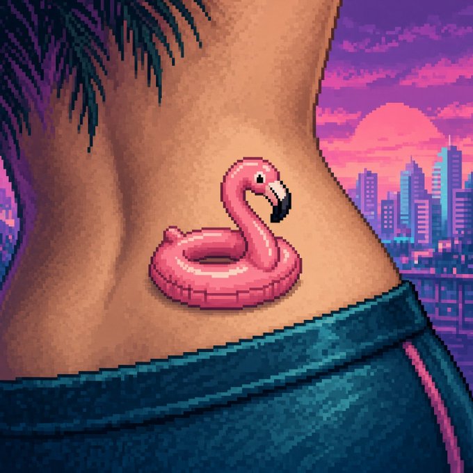 Pixel art style image showing a person's lower back with a tattoo of a pink flamingo pool float, set against a Miami Vice-style sunset cityscape with palm trees.