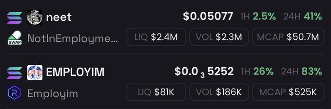 A screenshot showing cryptocurrency or token price data for 'neet' and 'EMPLOYIM', displaying prices like $0.05077 and $0.035252, along with liquidity, volume, and market cap metrics.