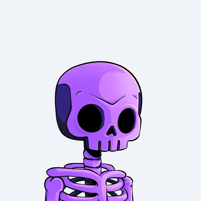 A cartoonish purple skeleton character with a large skull, big black eye sockets, and visible ribs against a plain light grey background.