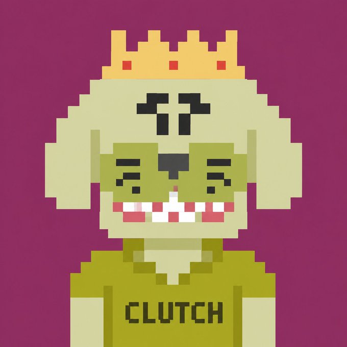 A pixel art character wearing a golden crown and a green shirt labeled "CLUTCH" grins menacingly against a purple background. The image appears to be a profile picture or avatar related to "Pixel Pups," an NFT project whose floor price has surged from 0.12 ETH to 0.36 ETH, driving community excitement about potential announcements or partnerships.
