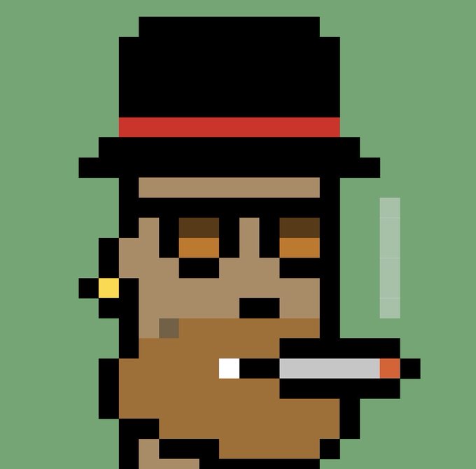A pixel art character with dark skin, wearing a black top hat with a red band, has a cigarette dangling from their mouth against a green background.