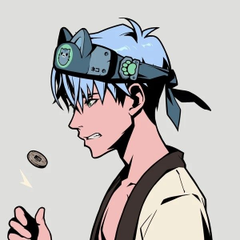An anime-style illustration of a young man with white hair wearing goggles and a bandana, looking down at a coin he is flipping in his hand.