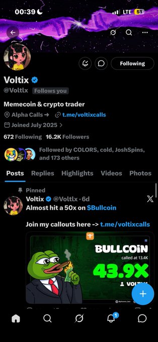 A Twitter profile page for Voltix (@Voltlx), a verified memecoin & crypto trader with 16.2K followers, showing a pinned post about nearly hitting a 50x on "$Bullcoin" with a callout at 13.4K and a green 43.9x graphic. The accompanying post expresses gratitude to @Voltlx for visibility and support, tagging the same crypto account shown.
