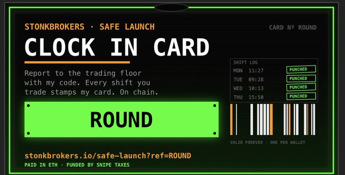 A digital trading card designed like a punch card, labeled 'STONKBROKERS · SAFE LAUNCH' and 'CLOCK IN CARD', with a shift log and a barcode for 'ROUND'.