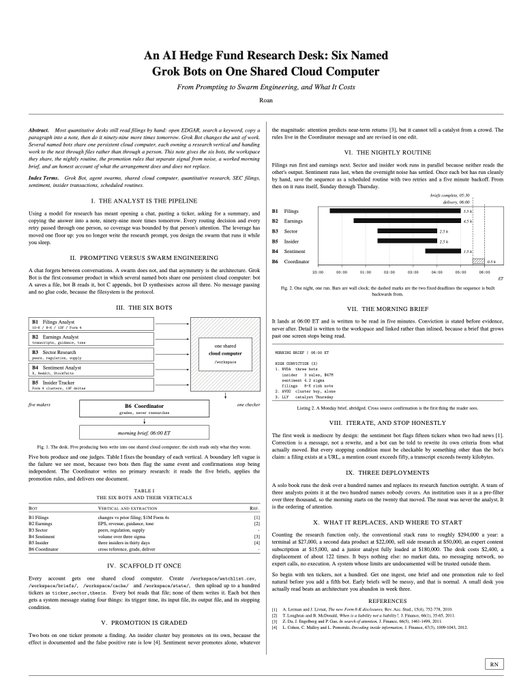 This image shows page 35 of a research paper titled "An AI Hedge Fund Research Desk: Six Named Grok Bots on One Shared Cloud Computer," outlining an architecture where bots like Filings Analyst, Sector Researcher, Earnings Analyst, Sentiment Analyst, Insider Tracker, and Coordinator operate on a shared filesystem without message passing, with five out of six bots reportedly costing just $400 each versus a $22,000 human counterpart.