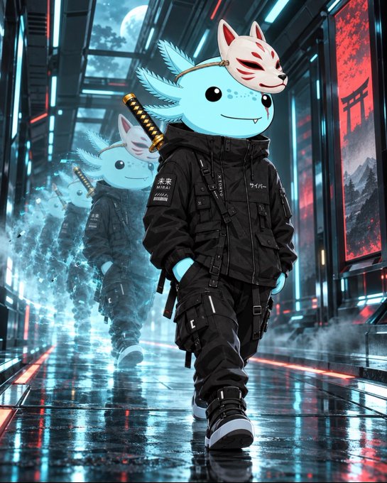 A digital illustration features an axolotl character wearing a kitsune mask and black tactical gear, with ghostly duplicates trailing behind in a neon-lit cyberpunk cityscape.