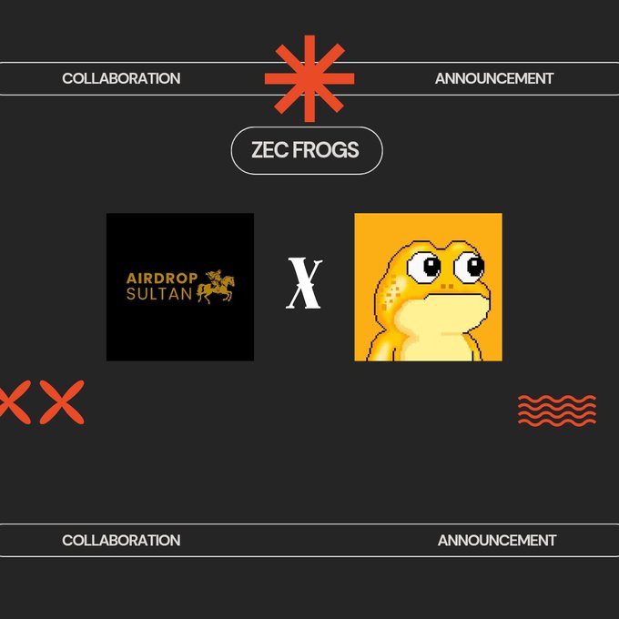 A collaboration announcement graphic featuring the text 'ZEC FROGS' with an 'AIRDROP SULTAN' logo and a yellow frog illustration separated by an 'X'.