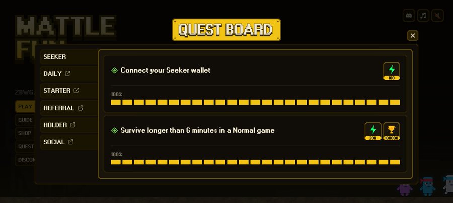 A video game 'QUEST BOARD' interface displays 'Battle Fight' quests, showing a 100% completed task to 'Connect your Seeker wallet' and another to 'Survive longer than 6 minutes in a Normal game.'