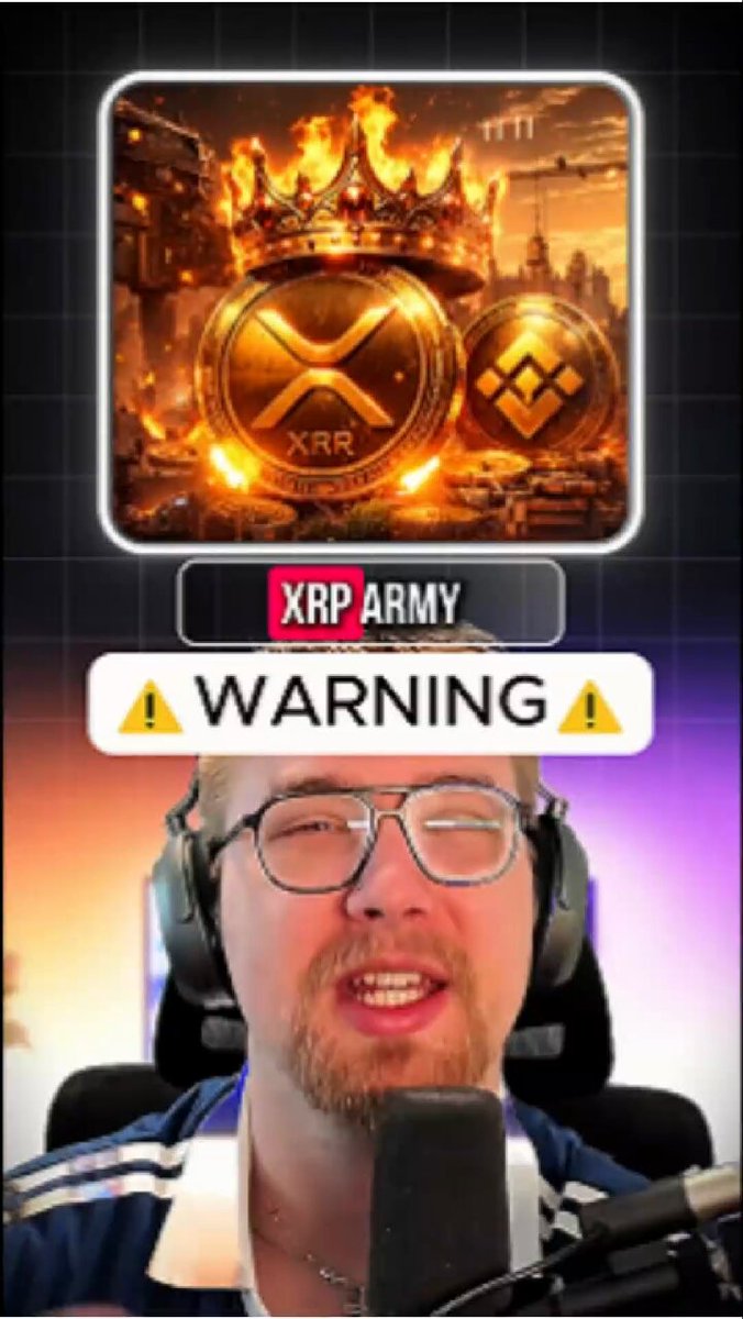 The image features a man wearing glasses, sitting behind a microphone with his face displayed prominently. He has a serious expression as he looks directly at the camera. The background of the image shows a warning sign that reads "WARNING". The caption below the image states "I TOLD YOU $XRP ARMY!!! I TOLD YOU THIS WOULD HAPPEN!!!", which is likely an advertisement for Bitcoin mining or cryptocurrency trading, given the context provided by the man's serious expression and the presence of a microphone.