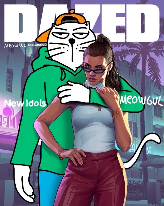 A stylized DAZED magazine cover features an illustrated cat mascot in a green hoodie and orange cap standing behind a confident woman in sunglasses, with "New Idols" and "$MEOWGUL" text highlighting the token reveal teased in the post.