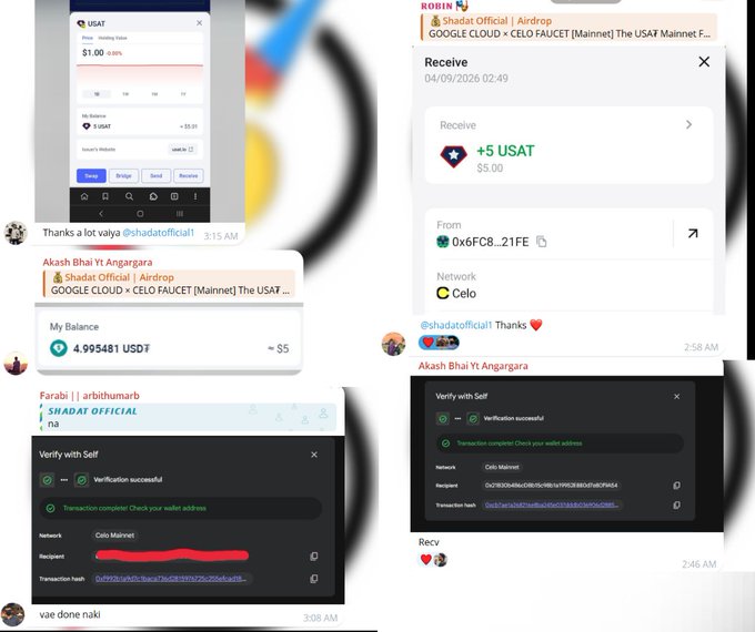 A collage of Telegram messages showing cryptocurrency faucet claims and air drops, including USAT, CELO faucet transactions, and messages from Shadat Official, Akash Bhai Yt Angarara, Farabi, and Robin.