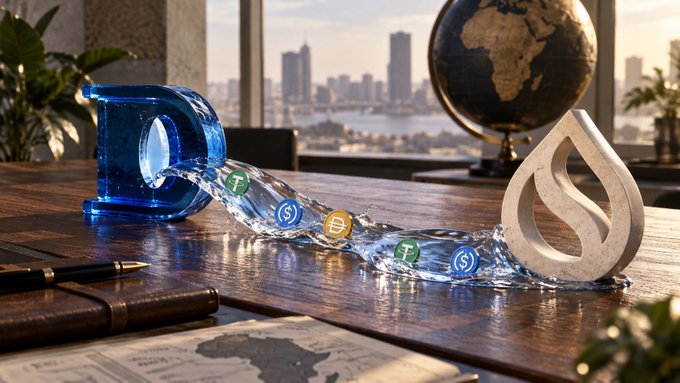 A conceptual illustration on a wooden desk showing water flowing from a blue spout through coins into a white water drop shape, with a globe and city skyline in the background.