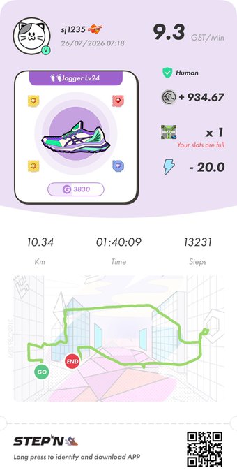 A STEPN app screenshot showing jogger stats with username 'sj1235', GST/Min of 9.3, +934.67 energy, 10.34 Km distance, 01:40:09 time, 13231 steps, and a route map with GO and END markers.