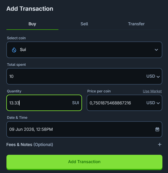 The image shows a screenshot of a trading application that features a screen for selecting coins, buying, selling, and updating the balance. The main focus on this screen is the option labeled as "Add Transaction". Below it, there are three notes, including one titled "Sui" with another note containing "0.75 USDC", adding to the context of the trading application's coin selection process.