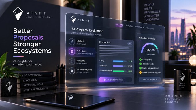 AINFT promotional graphic reading 'Better Proposals, Stronger Ecosystems' and 'AI insights for smarter governance', showing an 'AI Proposal Evaluation' interface with Clarity, Feasibility, and Ecosystem Impact metrics scoring a proposal 88/100.