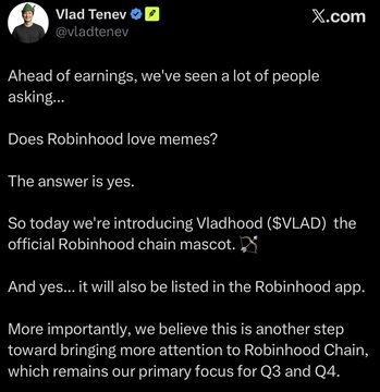 A tweet from Vlad Tenev's verified X account announces "Vladhood ($VLAD)" as Robinhood's "official chain mascot," which appears to be a hack given the context that linked wallets quickly profited multi-millions by trading the newly listed meme token.