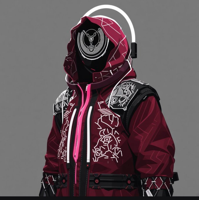 A digital illustration shows a character wearing a maroon hoodie with white line-art designs and a halo above their head, their face obscured by a circular emblem.