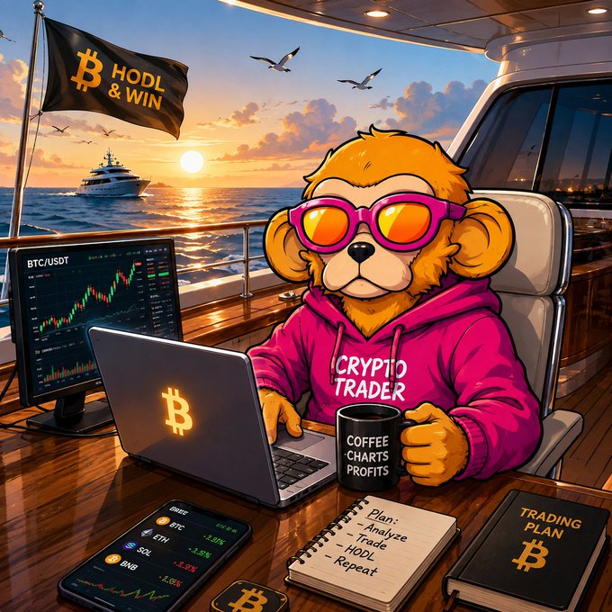 A cartoon illustration of a monkey wearing pink sunglasses and a 'CRYPTO TRADER' pink hoodie, sitting at a desk with Bitcoin-related items, a 'HODL & WIN' flag, and a trading chart showing BTC/USDT.