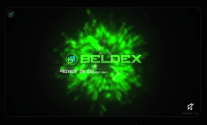 A glowing green splash effect displaying the text 'BELDEX' and 'PRIVACY IN EVERYTHING' with a logo, set against a dark background.