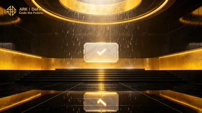 The image features a large room with a golden ceiling that reflects light onto the floor below. In the center of the room, there's an approval sign with a "V" symbol above it, indicating that something has been approved or given the green light. The room is filled with stairs leading up to a platform at the top, and the walls are made of black marble.