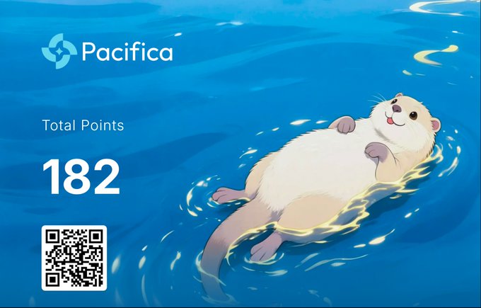 Pacifica rewards screen showing 'Total Points: 182' with an illustrated otter floating on its back in blue water and a QR code.