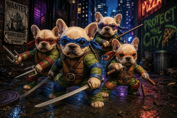 A stylized digital artwork depicts four French bulldogs dressed as Teenage Mutant Ninja Turtles, wielding weapons in a dark urban alley with a 'WANTED SHREDDER' poster and 'PROTECT THE CITY' graffiti.