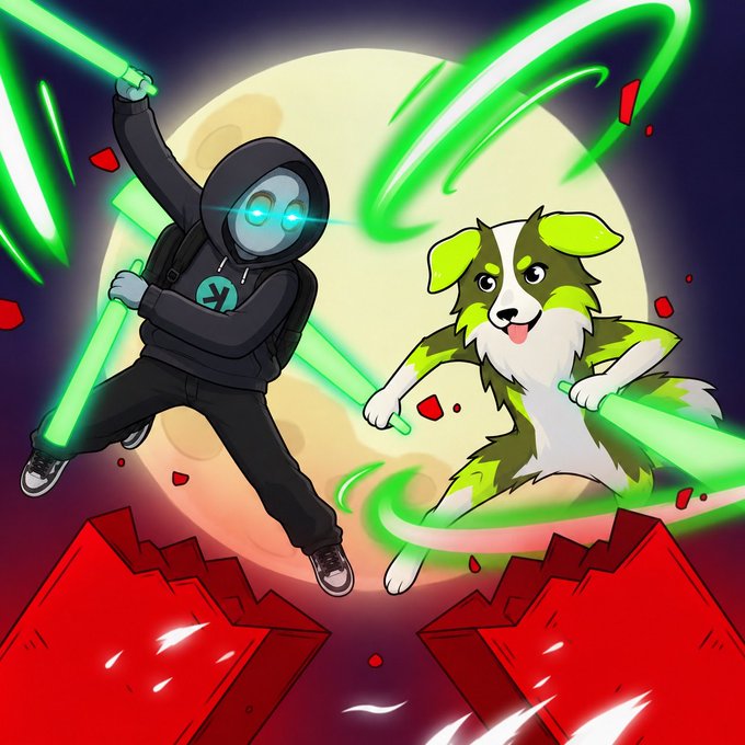 A hooded figure with glowing blue eyes wields a green lightsaber alongside a happy green-and-white Border Collie holding its own green lightsaber, leaping heroically against a full moon backdrop—visually merging the Robinhood logo with a "Jedi dog" theme to celebrate the meme-stock narrative of "the dog of Robinhood."