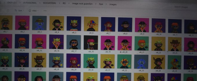 A computer screen displaying a folder of Rock-themed NFT images from a Rock Guardian collection, showing dozens of small thumbnail avatars with various hats and accessories numbered sequentially.
