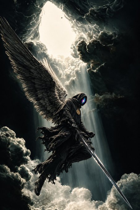 A digital illustration of a dark, hooded figure with large feathered wings and a glowing blue mask, wielding a sword while floating through dramatic clouds illuminated by beams of light.