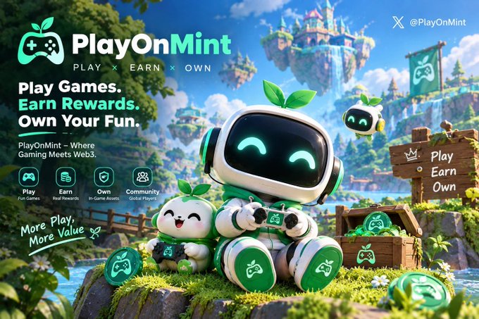 Promotional graphic for 'PlayOnMint' (@PlayOnMint) featuring green and white robot mascots in a fantasy setting, with the tagline 'Play Games. Earn Rewards. Own Your Fun.'