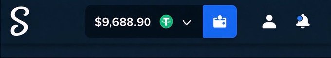 A dark-themed digital interface displaying a Stripe logo, a balance of $9,688.90 with a USDC token selector, and icons for a wallet, profile, and notifications.