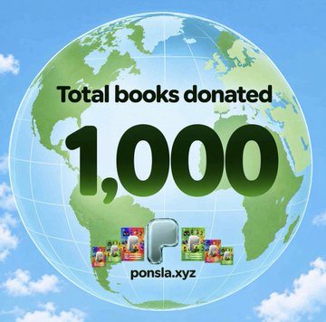 A graphic showing 'Total books donated 1,000' overlaid on an illustration of Earth, with the 'ponsla.xyz' logo and colorful book icons at the bottom.
