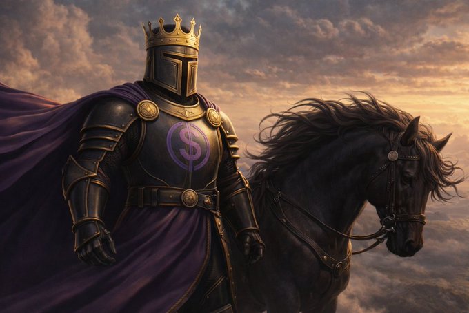 urn of gold and purple, with a black horse and knight in armor, set against a sunset sky.