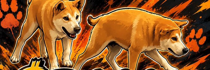 A stylized illustration features two Shiba Inu dogs—one standing alert and another in a stalking pose—rendered in warm orange tones against a dark, splattered background with red paw prints. The fierce, canine imagery aligns with the Solana token $DOGGO, evoking the aggressive "doge" spirit behind the banner.