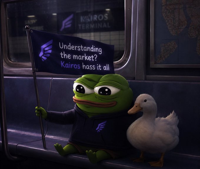 A 3D-rendered illustration shows a Pepe the Frog character wearing a hoodie, holding a flag that reads 'Understanding the market? Kairos hass it all', sitting beside a white duck on a subway seat with 'KAIROS TERMINAL' visible through the window.