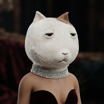 A figure wearing an oversized, somber cat mask and a sparkling rhinestone choker stares blankly ahead, embodying the melancholy of a crypto trader experiencing ongoing losses. The image's mood of resigned persistence visually mirrors the poster's message of supporting every dip in $KET despite emotional exhaustion.