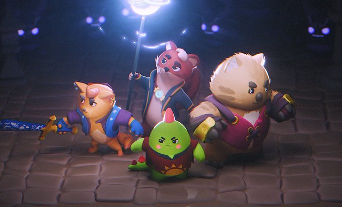 Four cartoonish character avatars—a cat with a sword, a red panda with a staff, a small green creature in a cloak, and a bear-like creature with a mallet—stand together on a stone floor. The image appears unrelated to the post about Sleepagotchi sleep stats, likely used as a generic illustration. No visible text.