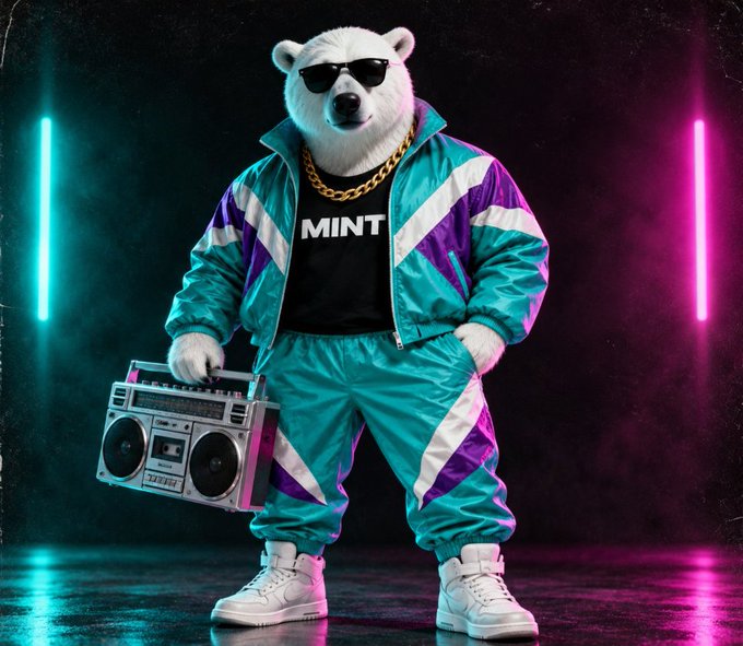A stylized image of a polar bear wearing black sunglasses, a gold chain, and a teal and purple retro tracksuit over a black shirt reading 'MINT'. The bear is holding a silver boombox against a neon-lit background.