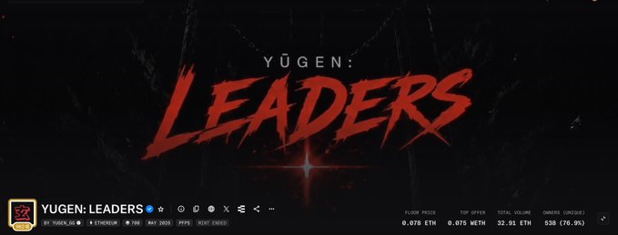 The image features a banner with red text that reads "Yugen Leaders". The banner also includes a logo for a website called "LegacyWeb3io" and a social media handle, "@yugen_gg", which indicates that this is likely an online community or group related to the Yugen game. The post congratulates @yugen_gg on their successful launch of the game and mentions that they secured multiple GTD and FCFS spots for the community, giving members the opportunity to get in early. Additionally, there are mentions of other websites like "LegacyWeb3io" and "@yugen_gg", suggesting a connection between the Yugen game and these platforms.