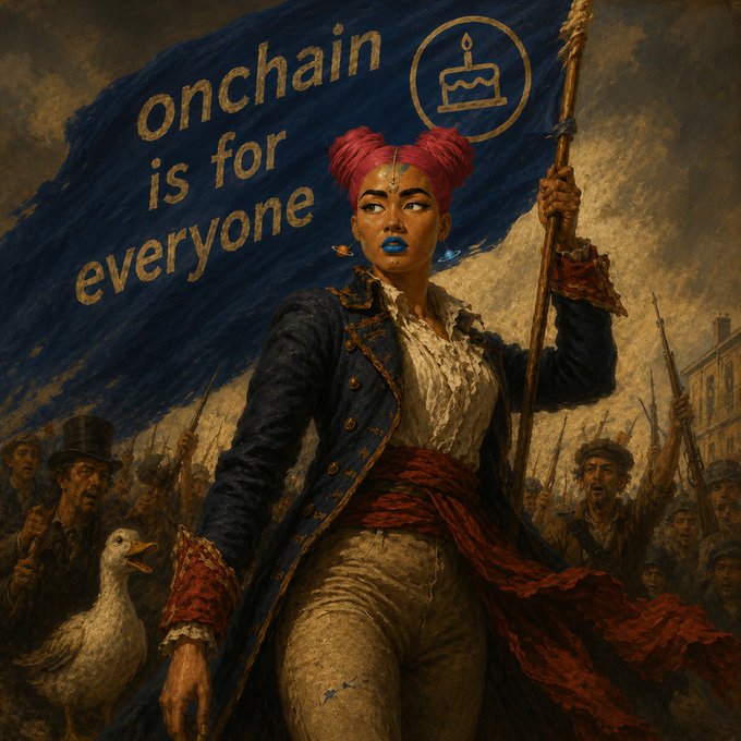 A revolutionary-style painting of a woman with pink hair holding a blue "onchain is for everyone" banner with a birthday cake logo, leading a crowd of people and a white duck.