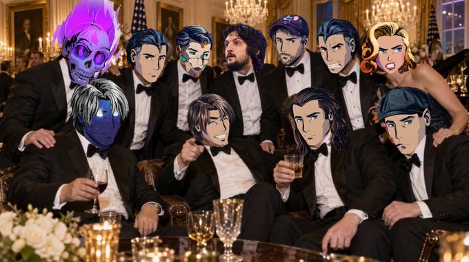 A group of crypto executives and CEOs gather for a formal state dinner, with cartoon-style illustrated faces overlaid on several attendees, including Armani Ferrante, Mad Vincent, Mad Coach, and Nick, seated at the head table in tuxedos surrounded by elegant decor.