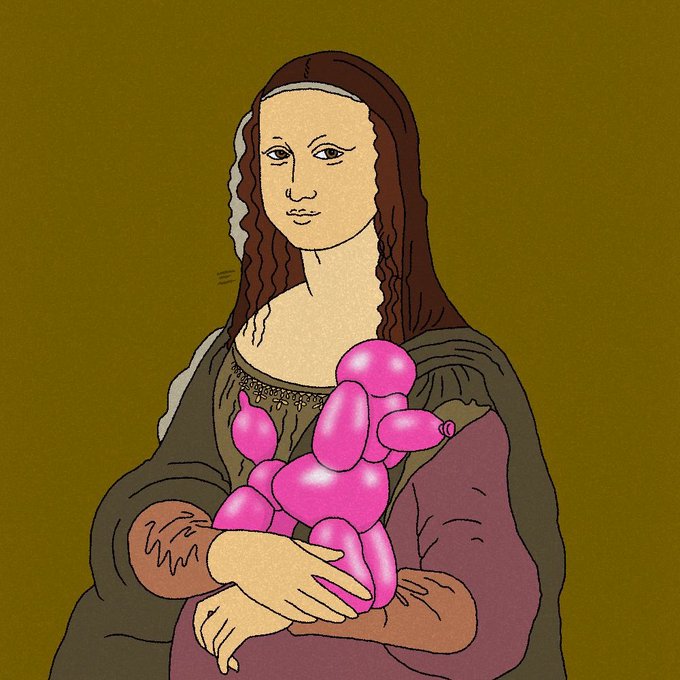 A pop art style illustration of a woman with long brown hair, reminiscent of the Mona Lisa, holding a pink balloon animal shaped like a dog against a mustard yellow background.