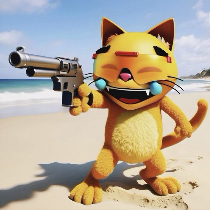 A stylized 3D-rendered orange cat character stands on a beach holding a large silver revolver, with ocean waves and sky in the background.