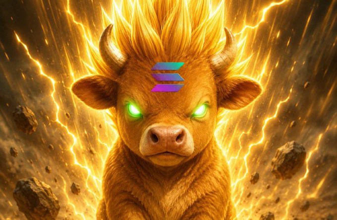 A glowing golden bull-like creature with horns and bright green eyes, surrounded by lightning, featuring a Solana (SOL) logo on its forehead.