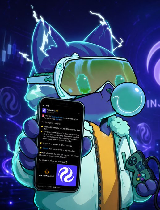 An illustration of a futuristic cartoon cat wearing ski goggles and blowing a bubblegum bubble, holding a smartphone displaying a post about the Staked INJ amendment passing, with Canary Capital branding.