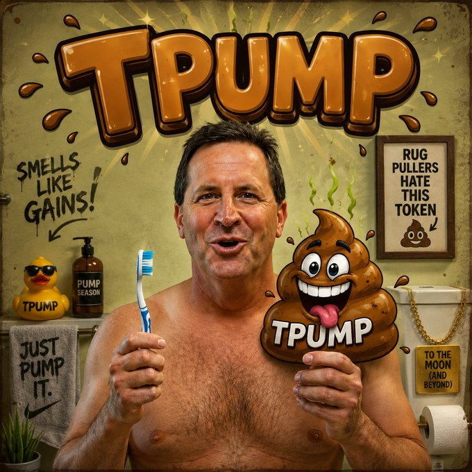 A parody meme features a shirtless man holding a toothbrush and a poop emoji labeled 'TPUMP', with text including 'SMELLS LIKE GAINS!', 'RUG PULLERS HATE THIS TOKEN', and 'TO THE MOON (AND BEYOND)'.