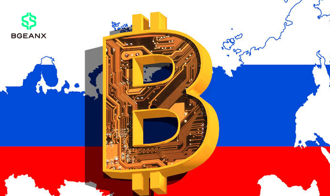 The image features a golden Bitcoin symbol with circuit board patterns against the backdrop of the Russian flag, with the "BGEANX" logo in the top-left corner. It visually represents the post's theme of cryptocurrency regulation in Russia, illustrating how Bitcoin intersects with Russian legislative developments in the evolving global crypto market.